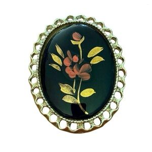 Vintage Black Glass Floral Brooch • Gold‑Tone Frame • 1960s–70s • 2”